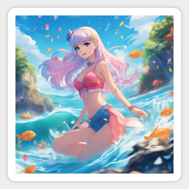 Adventures Anime Girl Swimming ON The Beach Player sand Magnet by animegirlnft